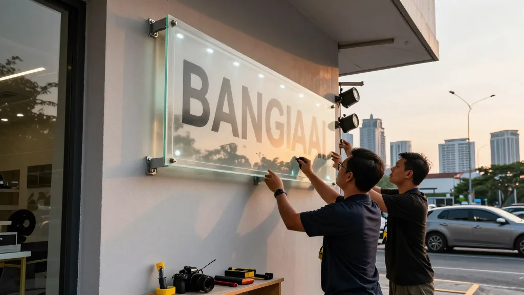 Pemasangan papan tanda akrilik luaran di Bangsar dengan teknik pemasangan profesional