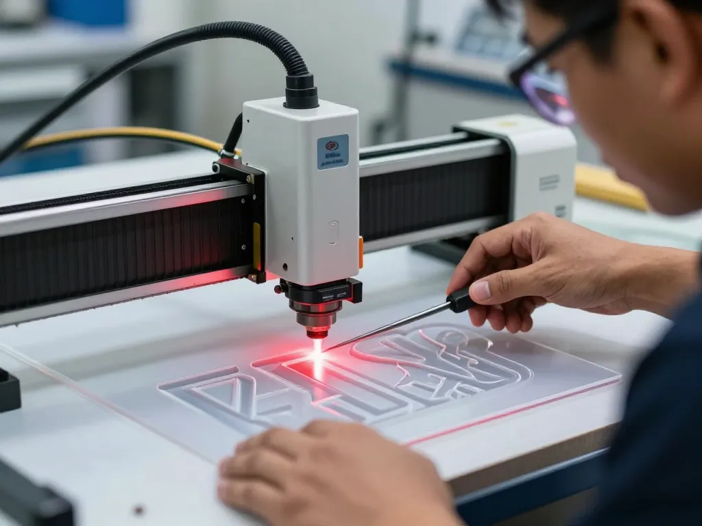Proses pemotongan laser keping akrilik Malaysia dengan jentera tepat di bengkel PJ