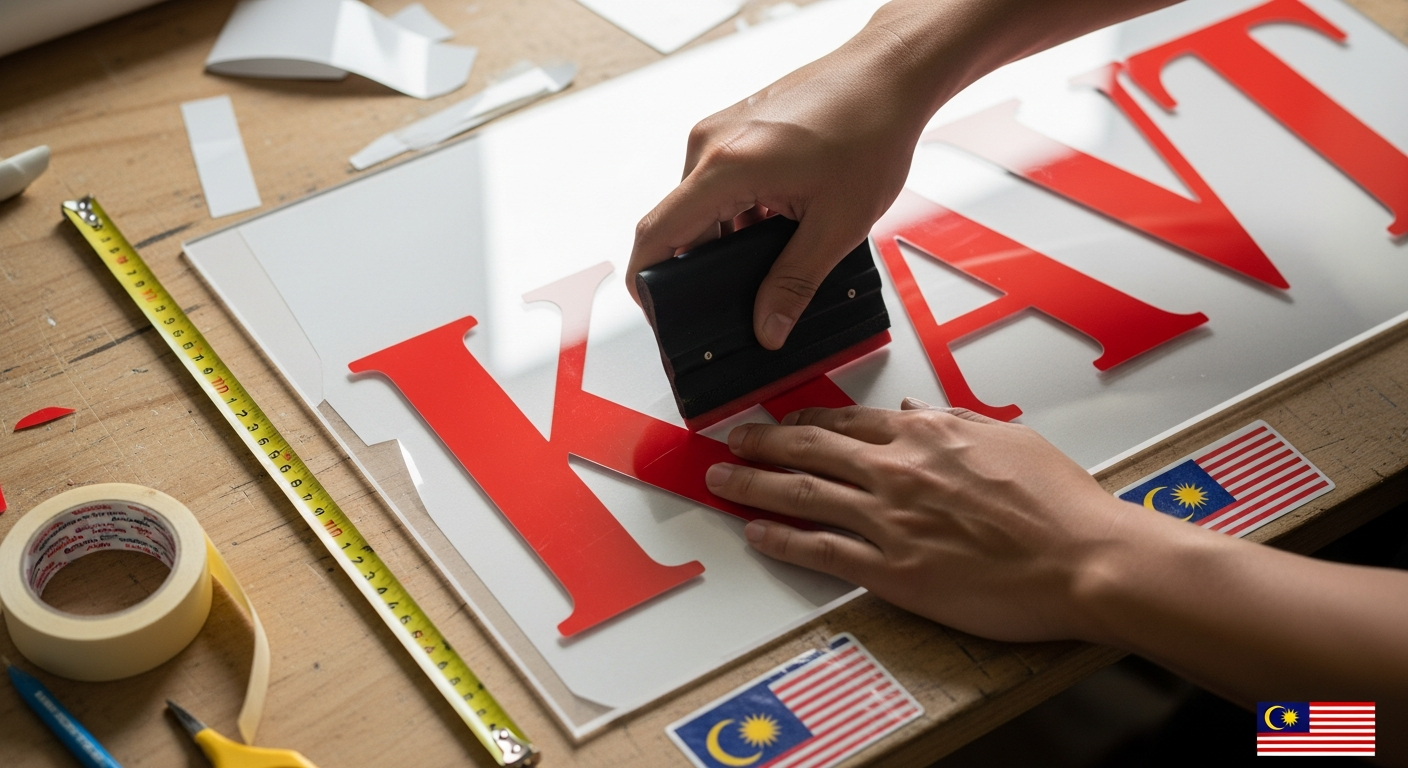 工匠在亚克力板上贴乙烯基字体