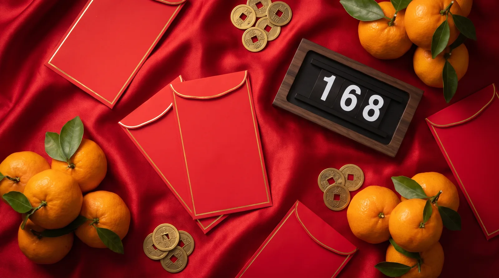 展示车牌上的吉利号码168（一路发），旁边是红包和年柑