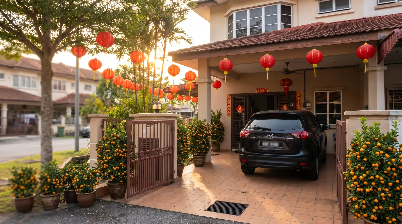 马来西亚排屋门廊停着汽车，挂着红灯笼、摆着年桔，充满新年气氛