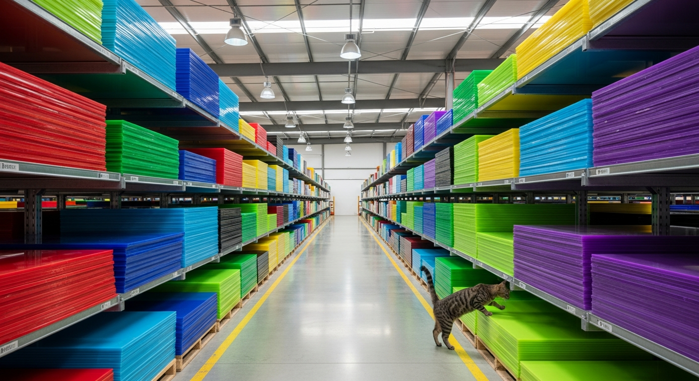 Acrylic sheet warehouse with grey cat