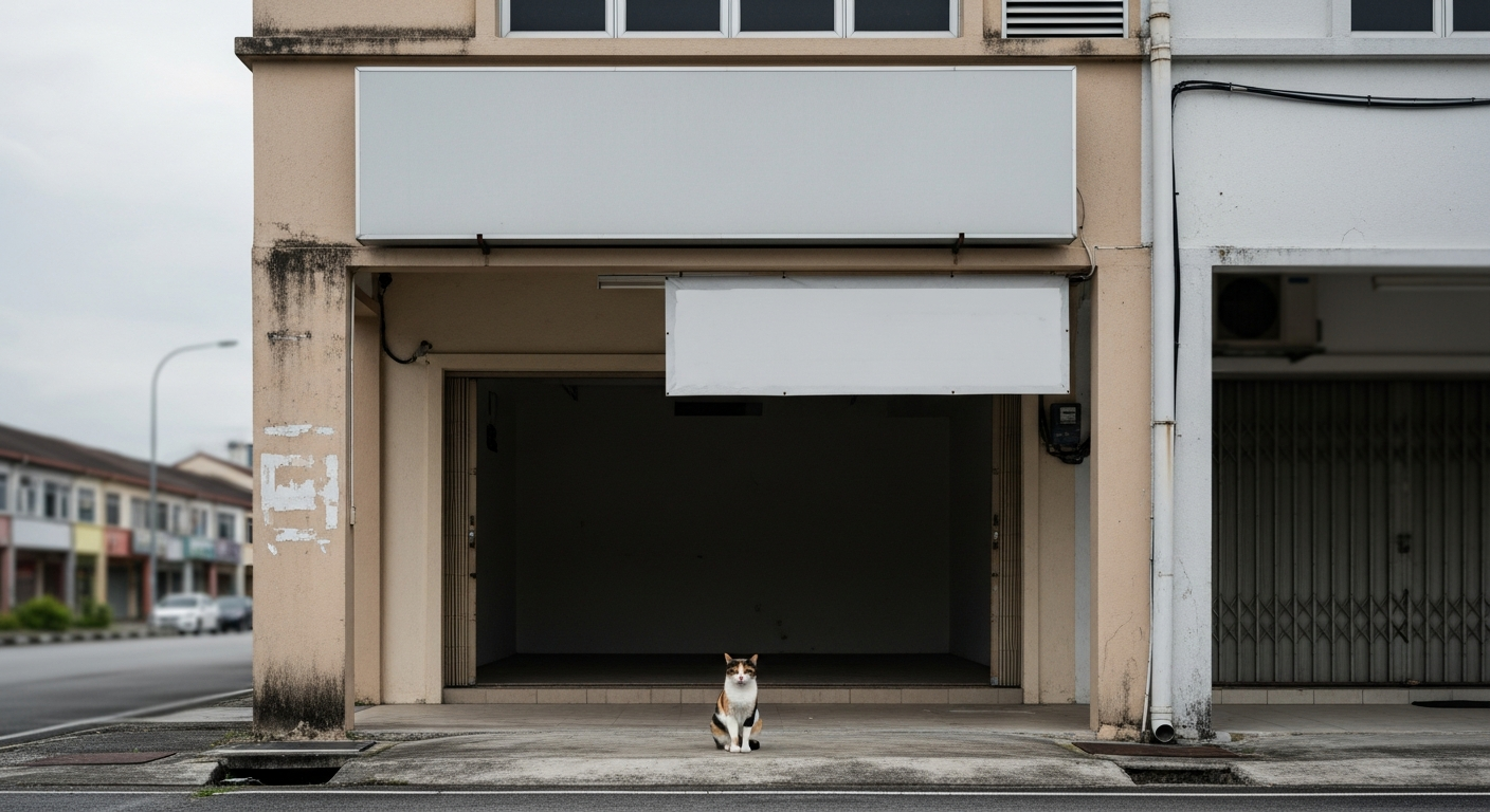 Shop lot with blank signboard and calico cat