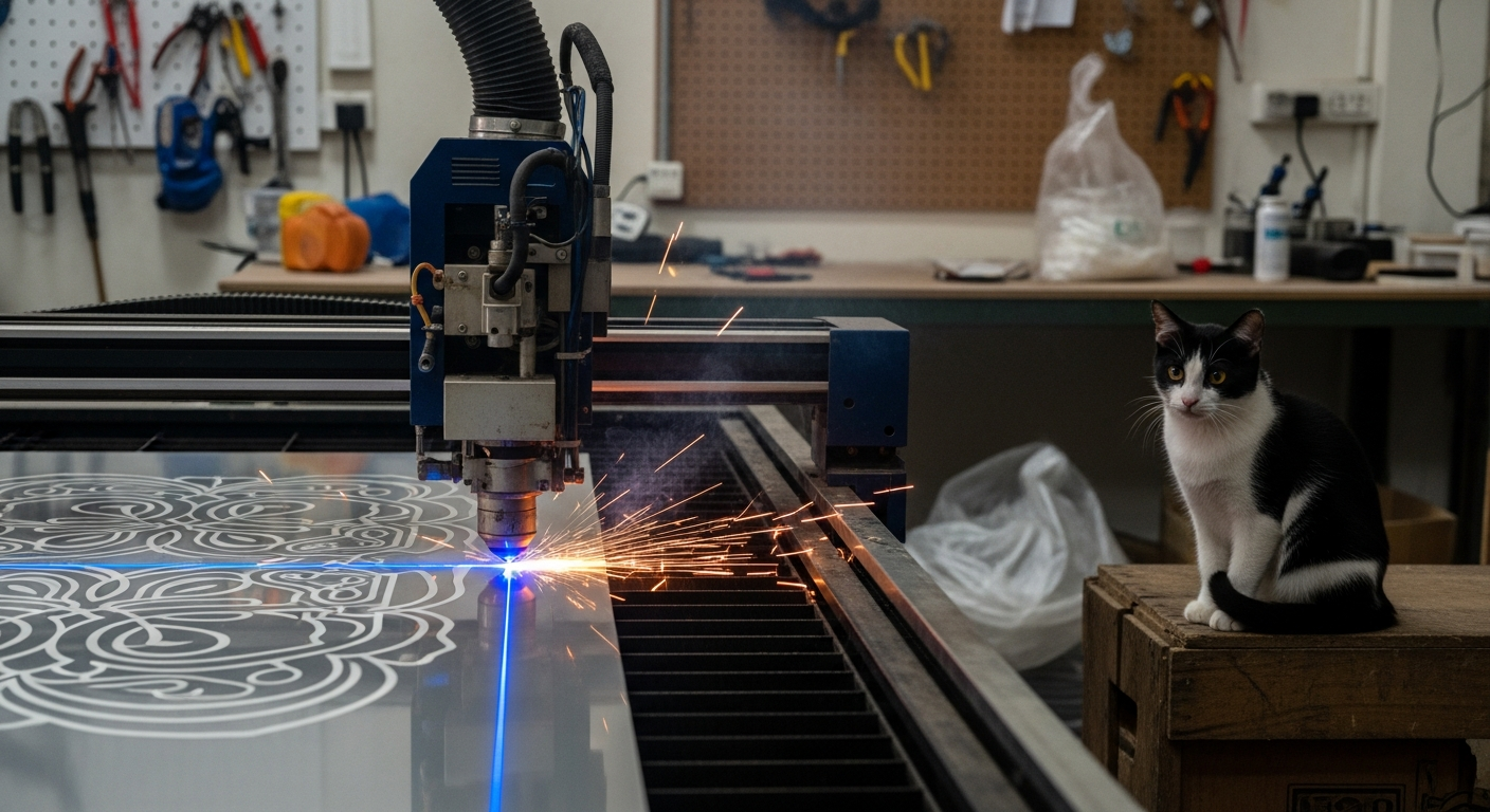 Laser cutting acrylic sheet with cat watching