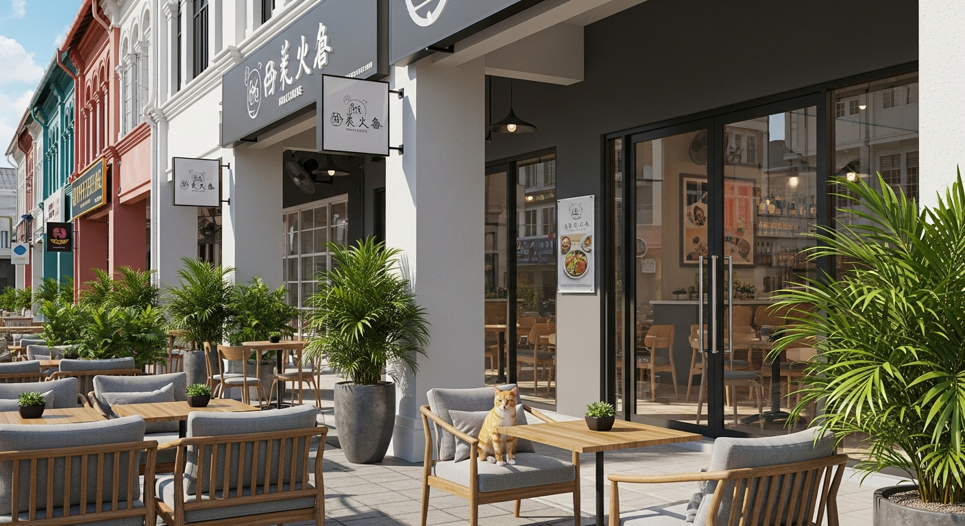 Restaurant with acrylic signage and cat