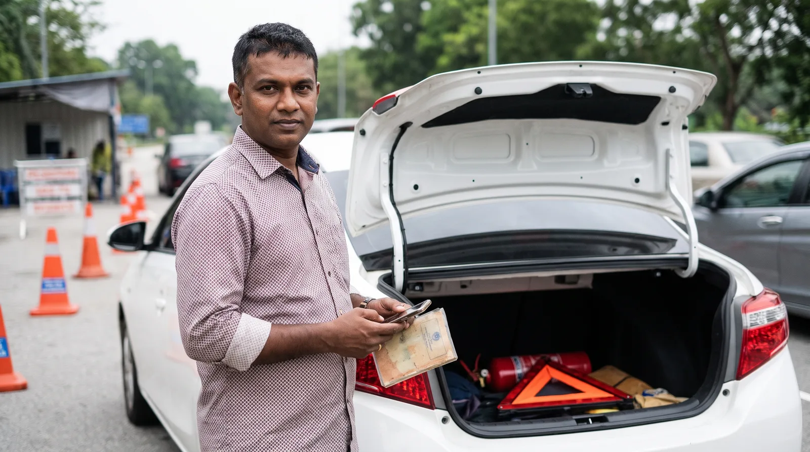 E-hailing driver with phone and documents beside his car, ready for an EVP and PSV check