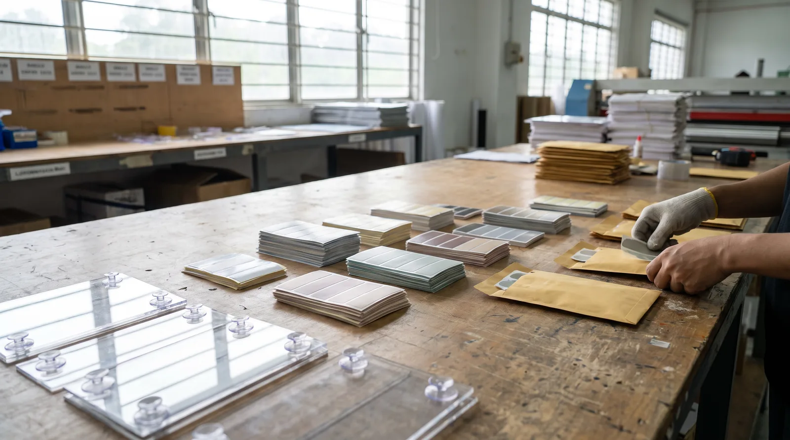 E-hailing stickers and acrylic suction-cup signs being packed for delivery in a Malaysian workshop