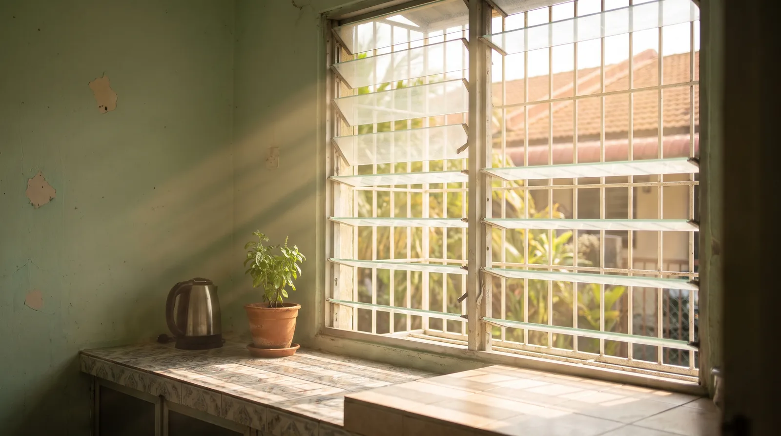 Naco louvre window with clear blades in an older Malaysian terrace house kitchen in morning light