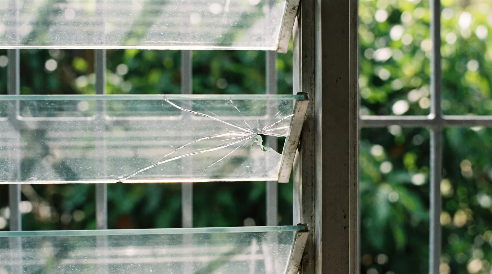 Close-up of a cracked naco window glass blade next to its aluminium clip