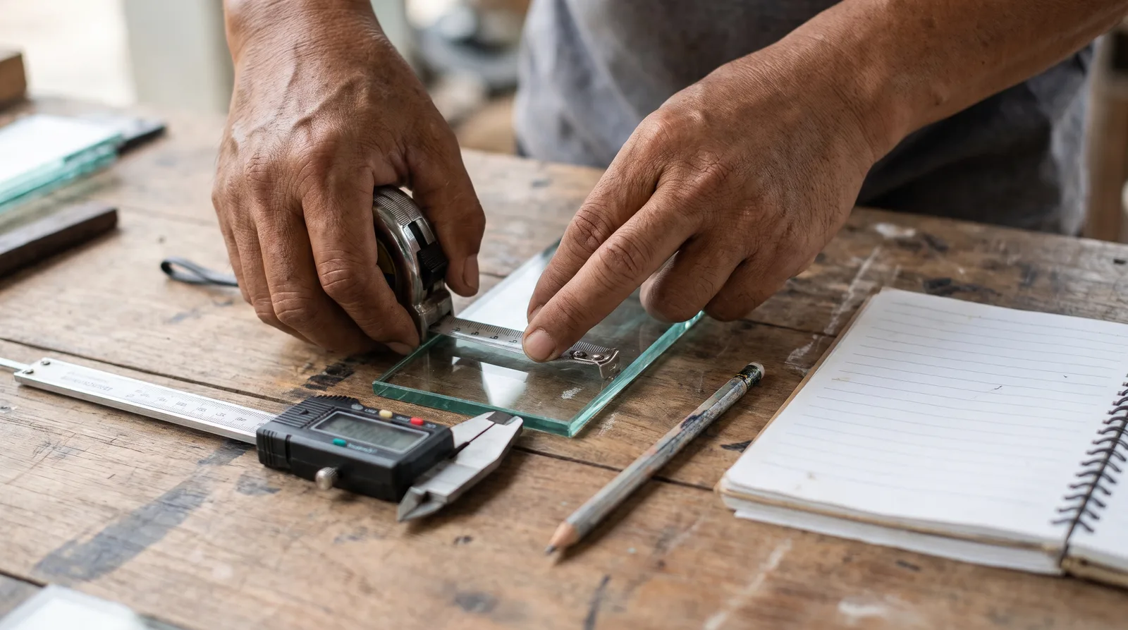 Measuring a naco window blade length with a tape and its thickness with a caliper