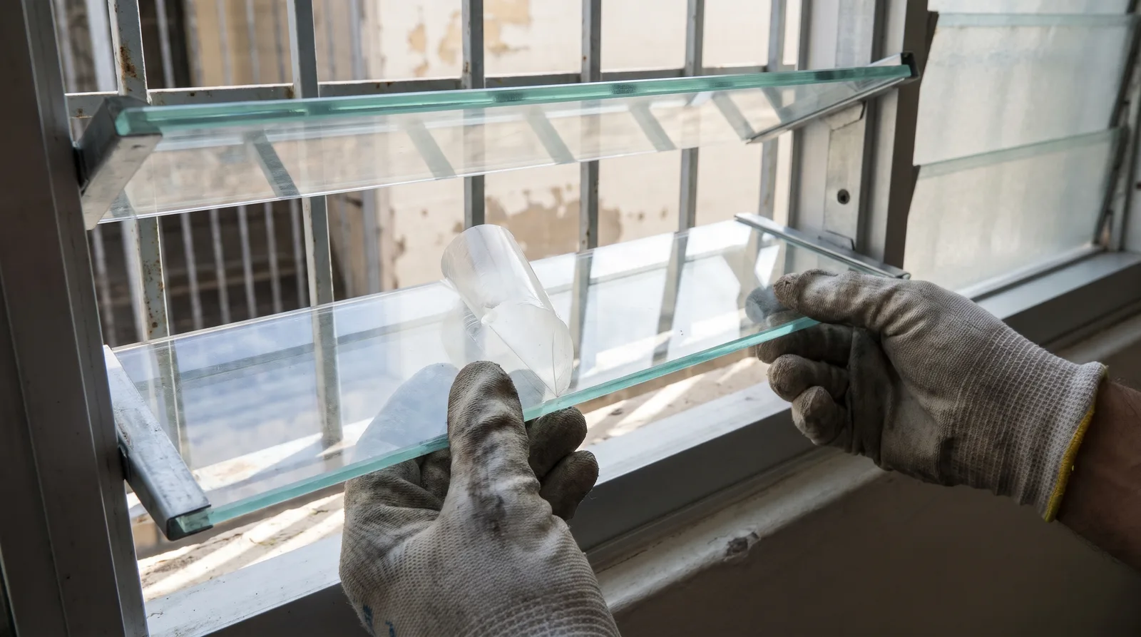 Gloved hands sliding a clear acrylic naco blade into the aluminium window clips