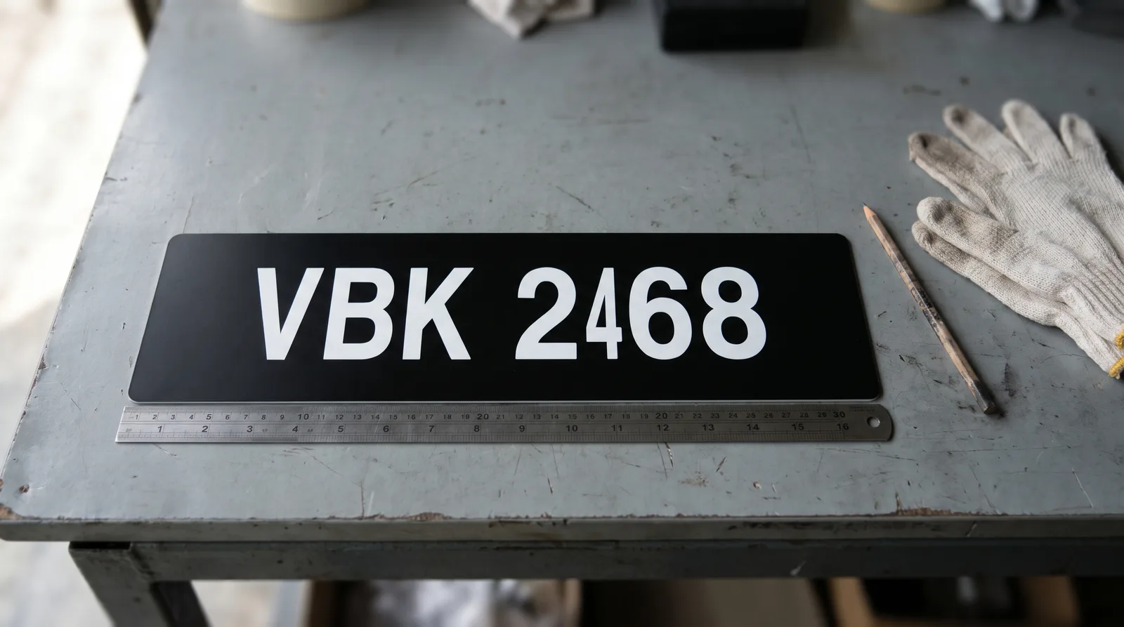 Nombor plat standard VBK 2468 dengan pembaris, menunjukkan saiz huruf mengikut spesifikasi JPJ