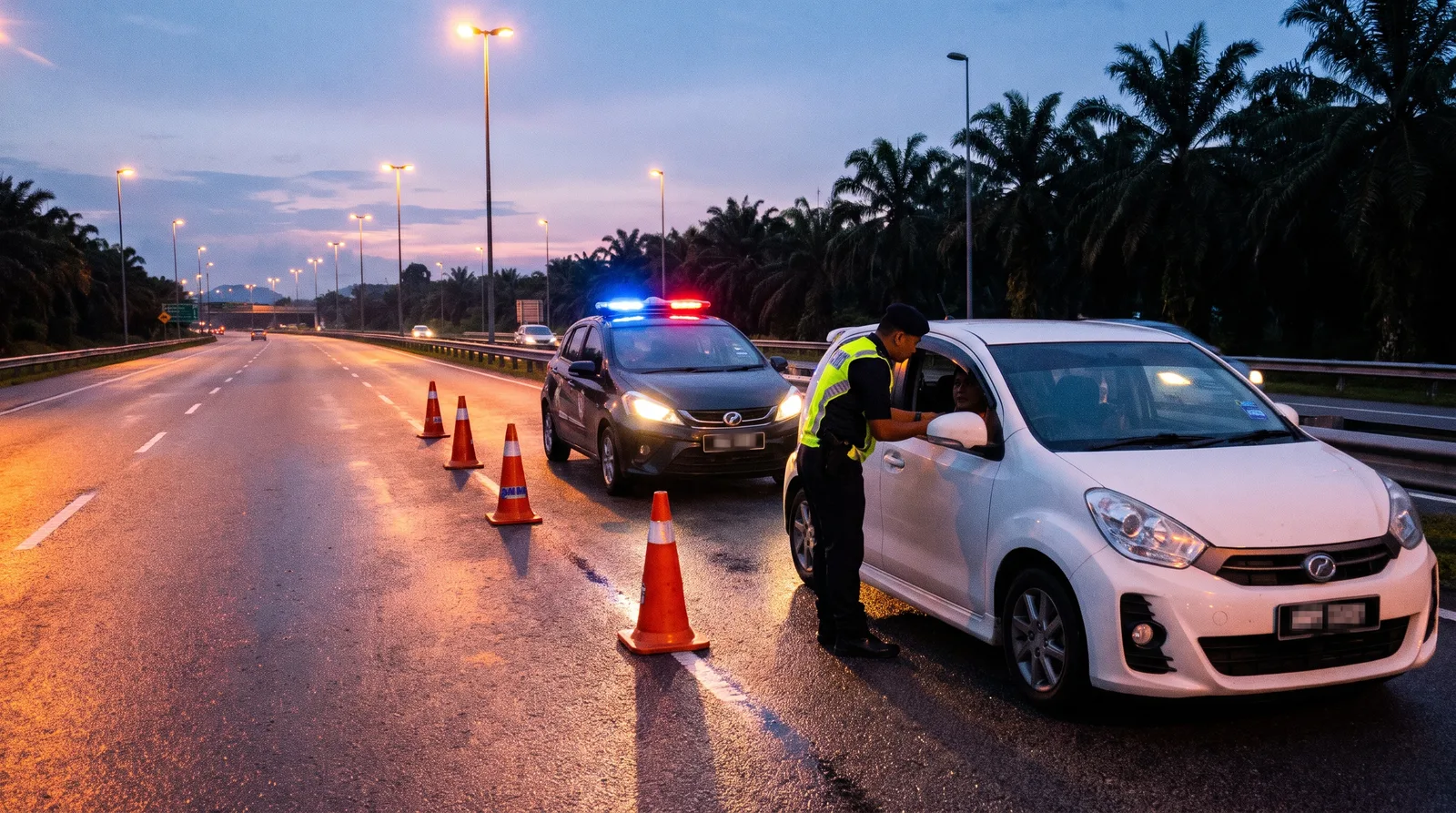 Sekatan jalan raya di Malaysia waktu senja, tempat nombor plat tidak ikut spesifikasi boleh disaman