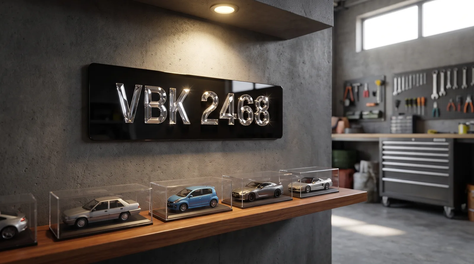 Plat nombor kristal VBK 2468 sebagai hiasan dinding garaj di atas koleksi kereta diecast