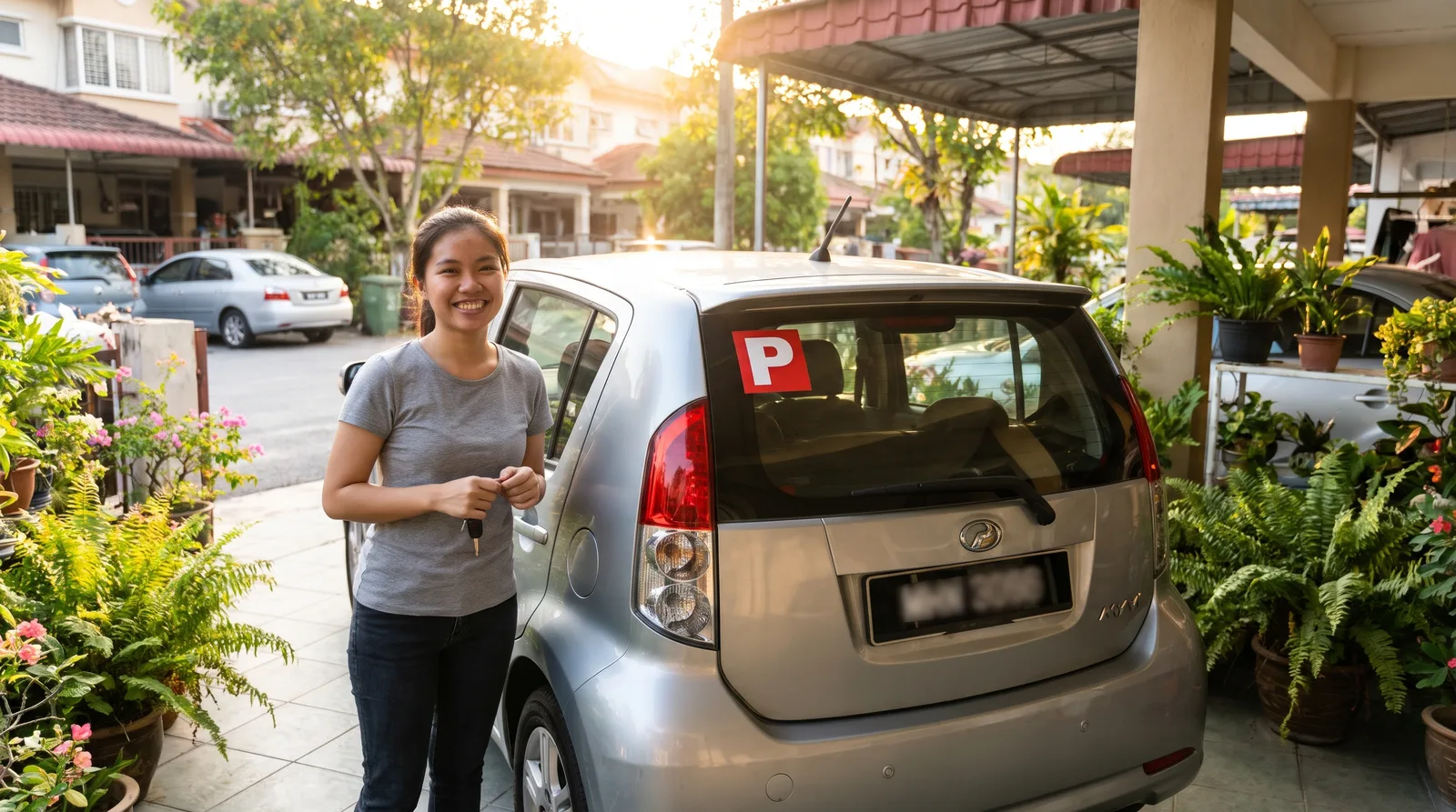 Young Malaysian new driver beside her hatchback with the P sticker placed at the top left corner of the rear windscreen