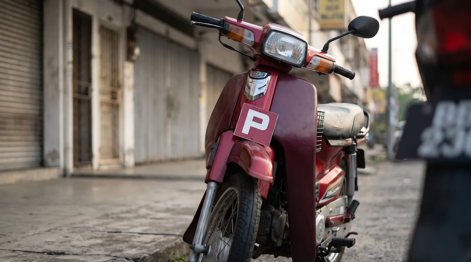 Motorcycle with a P plate fixed just below the headlamp, the JPJ position for probationary riders