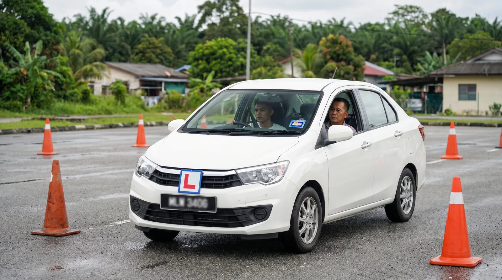 Learner driver in a lesson car displaying the JPJ L sign, a red L on a blue background