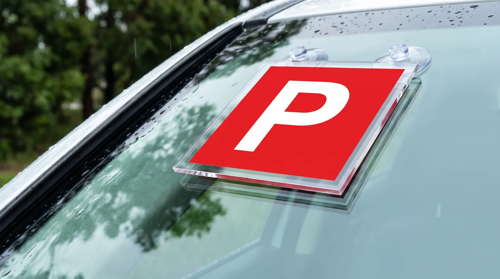 Close-up of a removable acrylic P sign held on a car windscreen with suction cups