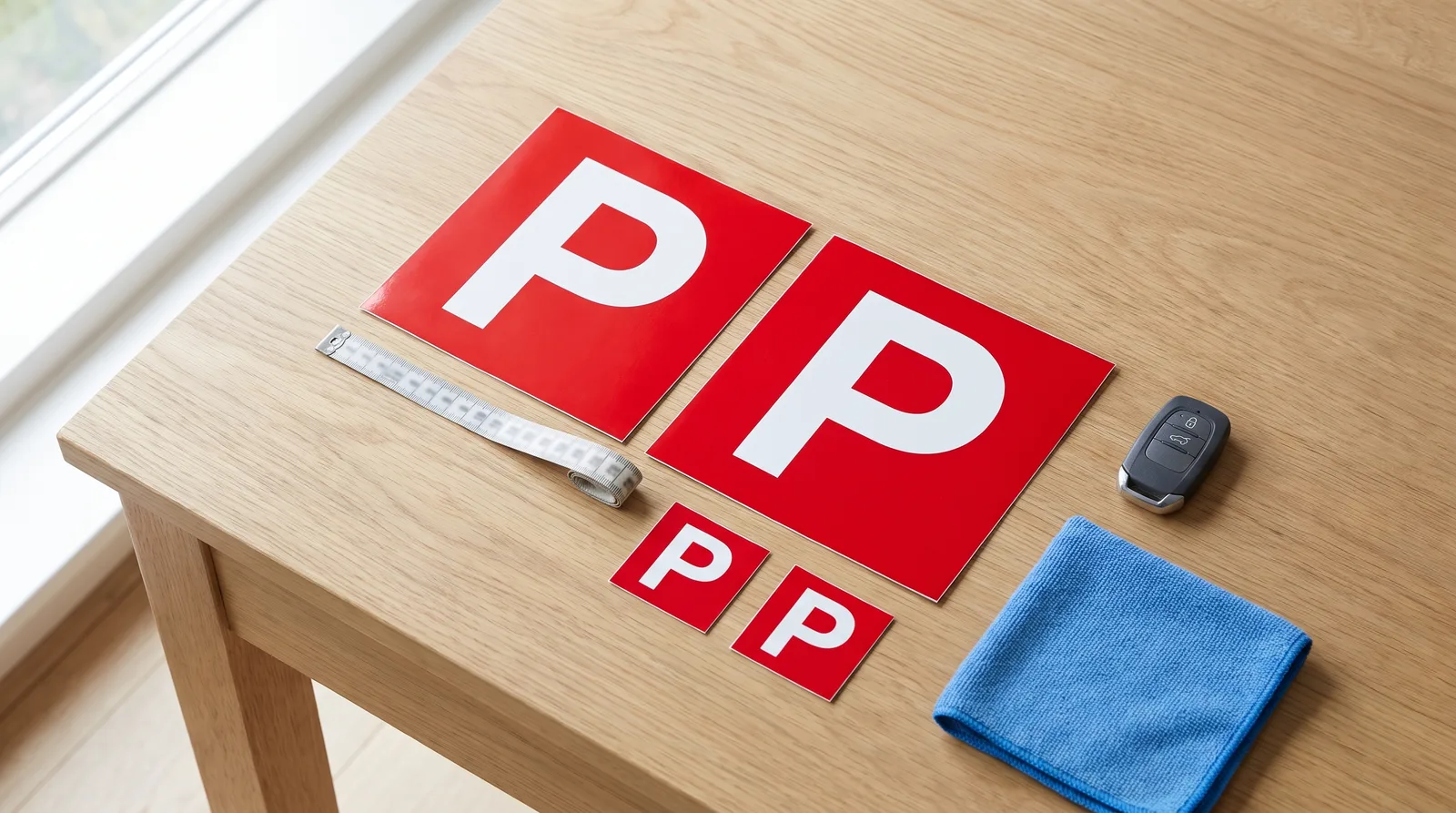 P stickers for car and motorcycle laid out with a measuring tape to check the JPJ size before buying