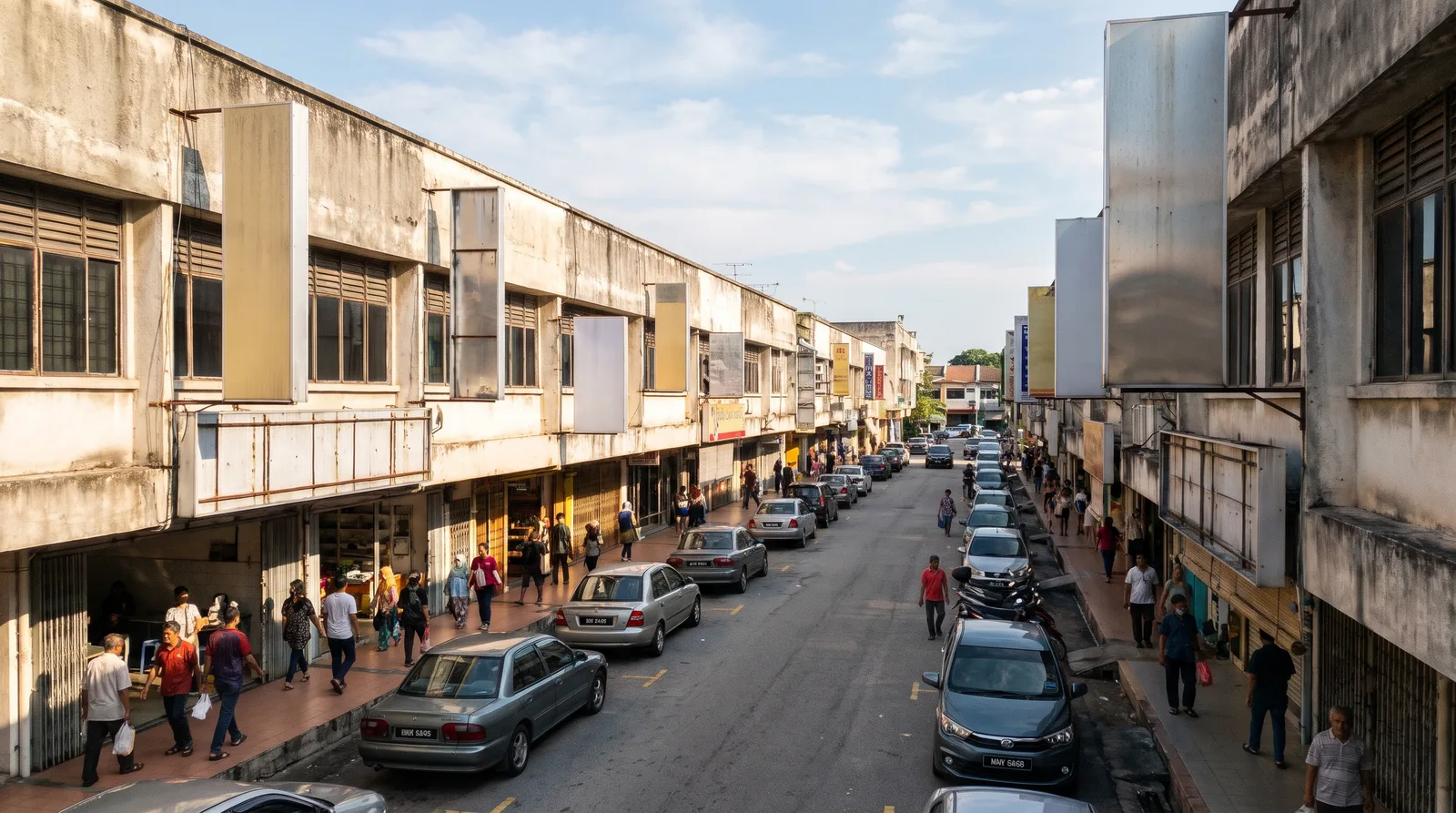 Row of Malaysian shop lots with different signboards, each needing a council signboard licence