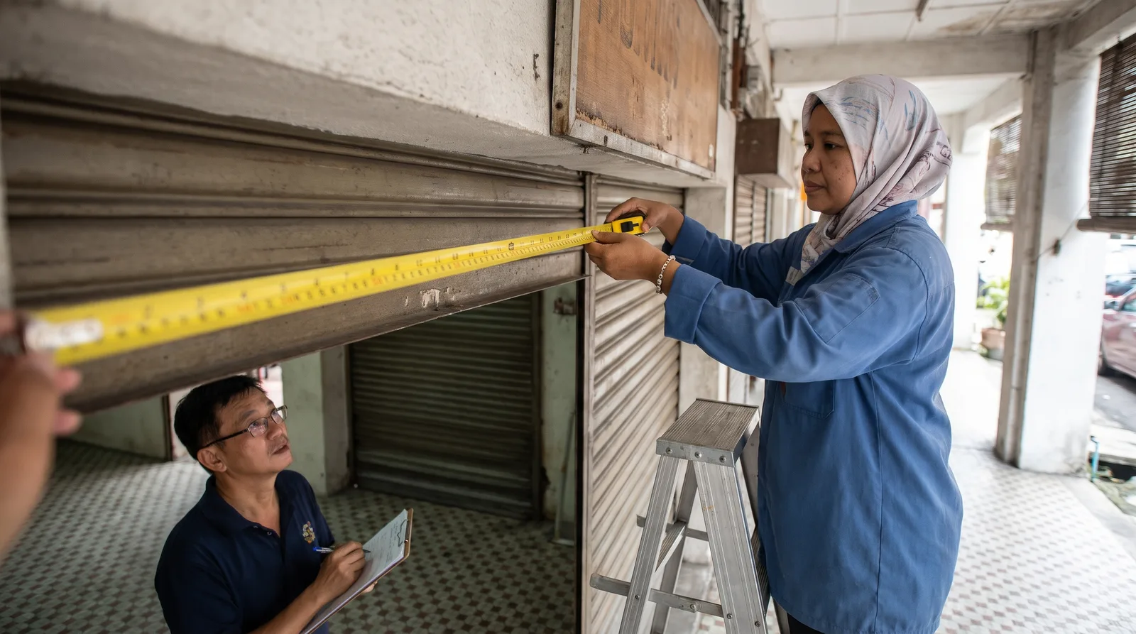 Shop owner measuring a shopfront signboard to work out the licence fee area