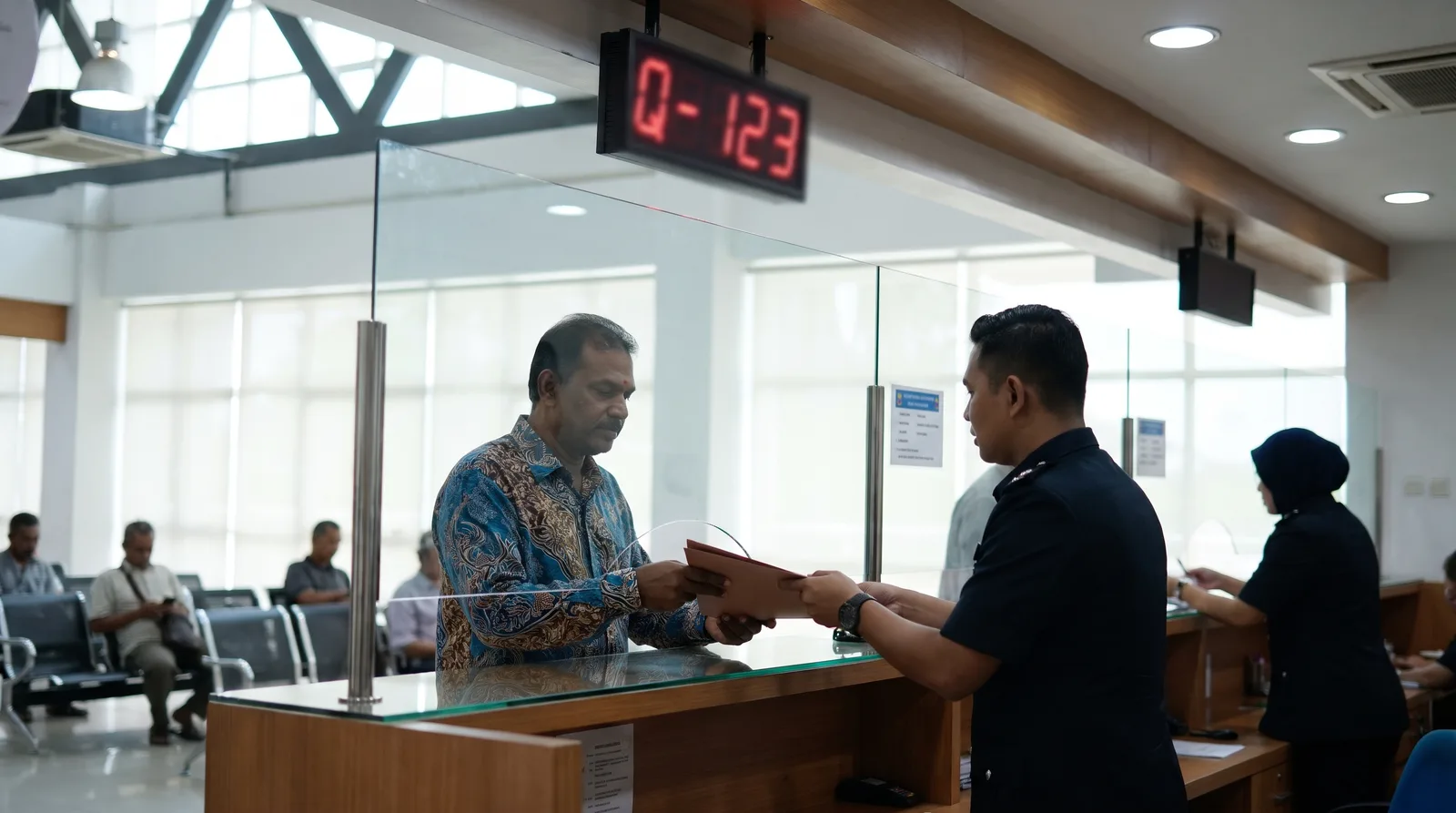 Business owner submitting a signboard licence application at a Malaysian council counter