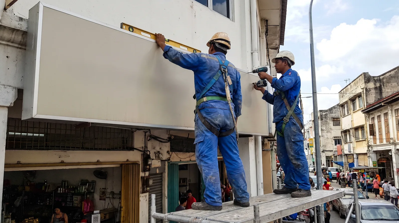 Installers fixing a shopfront signboard after the council licence is approved