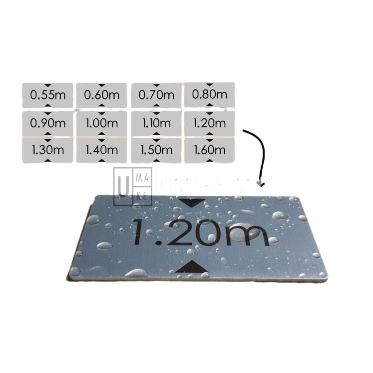 Stainless steel swimming pool depth level sign close-up showing engraved numbers