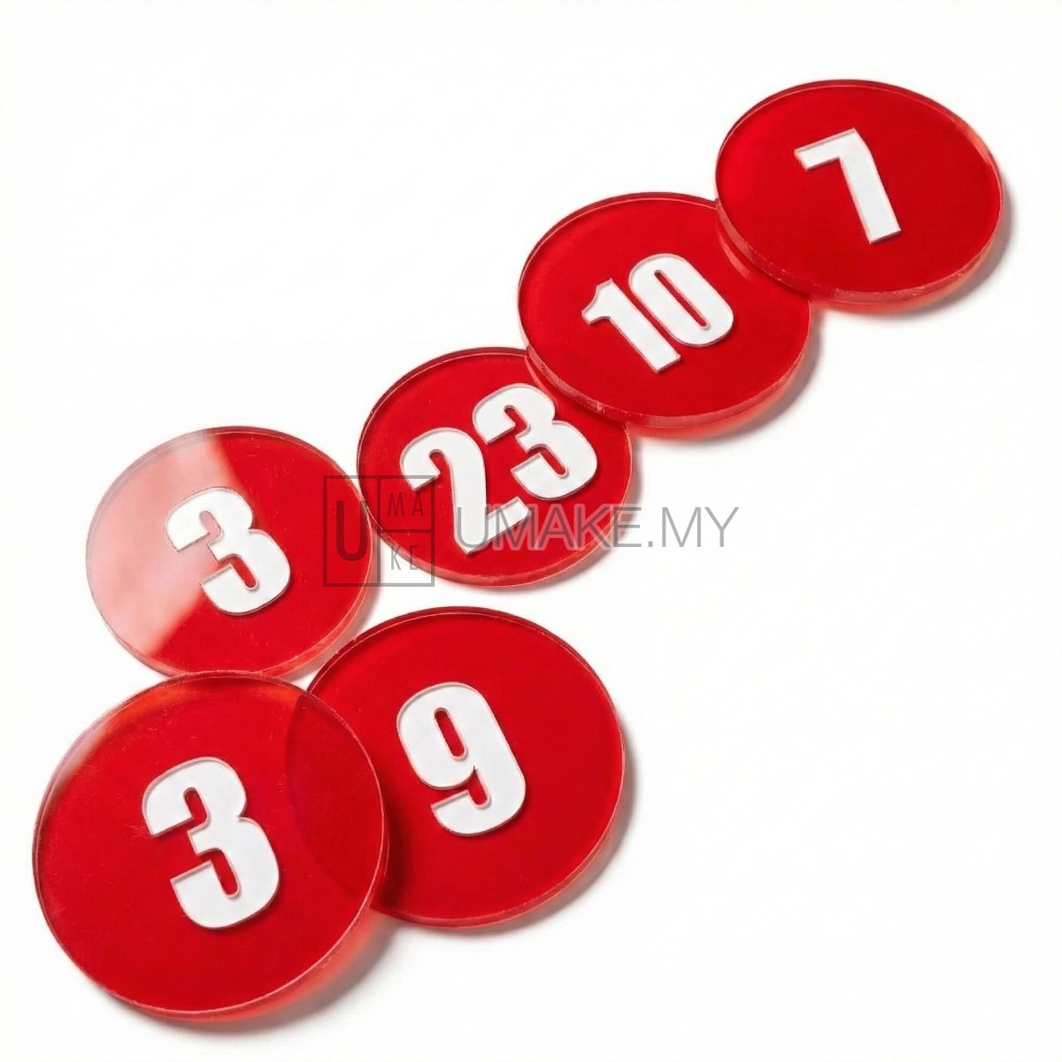 Custom acrylic table numbers with UV print for restaurant and cafe use — by UMAKE Malaysia