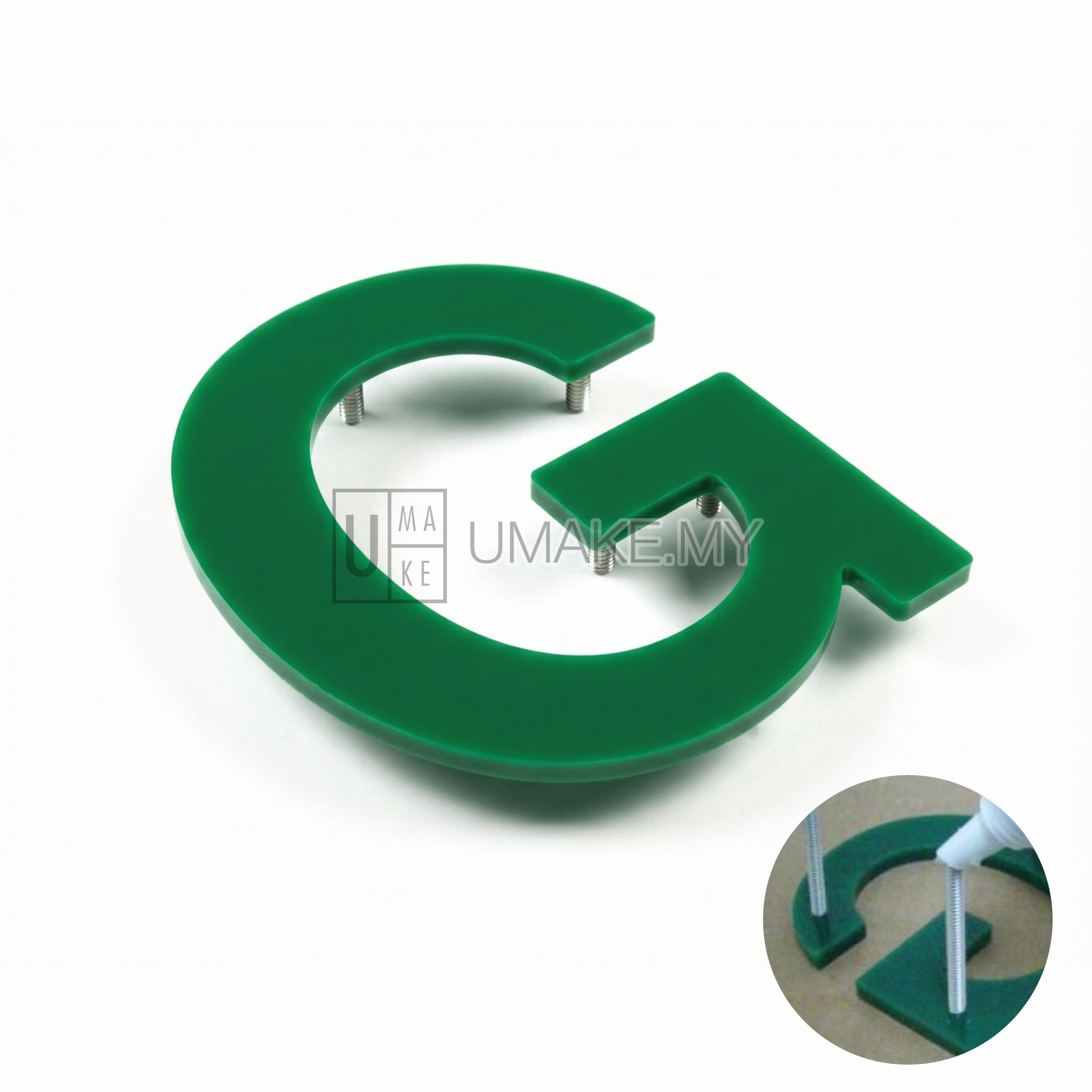UMAKE custom 3D floating acrylic letters with stud mount on a wall