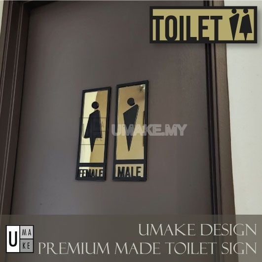 Premium acrylic toilet sign in black matte with gold mirror accent