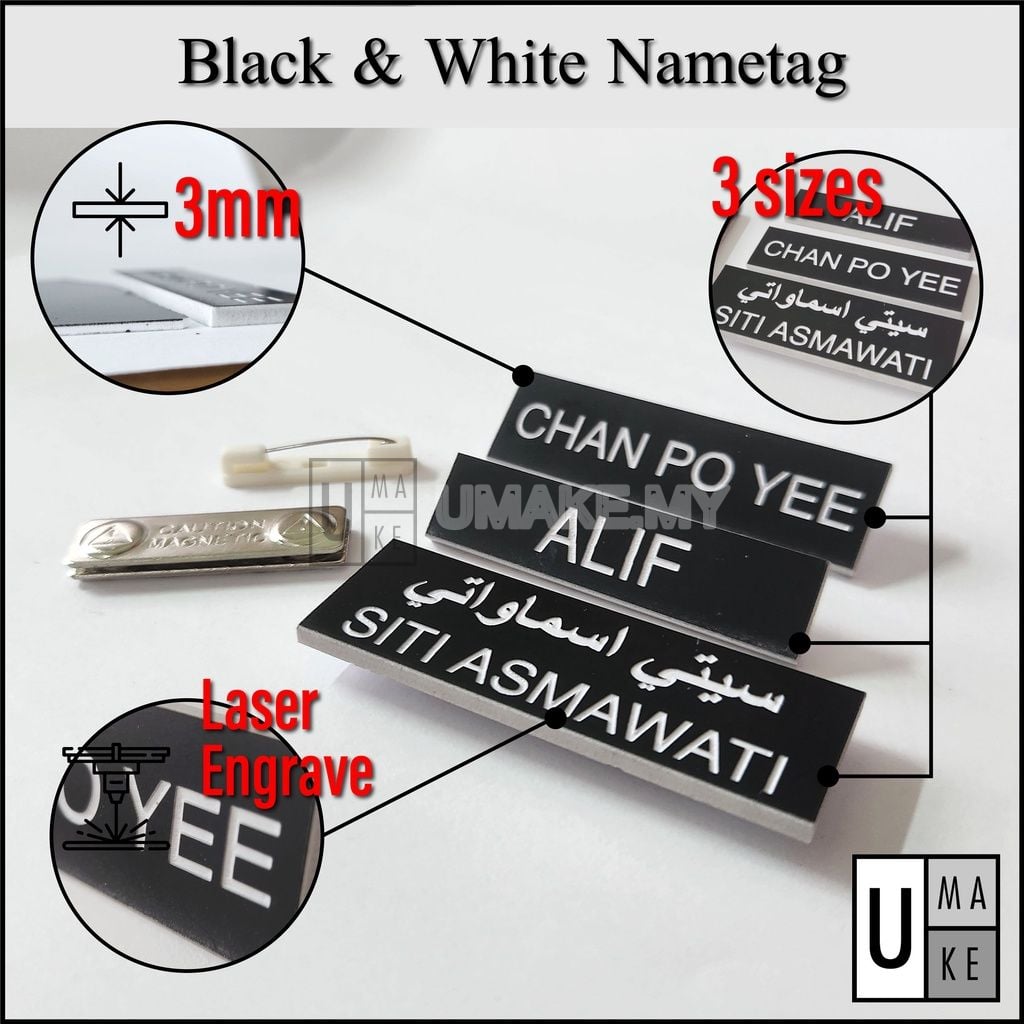 Range of Malaysian staff name tags in acrylic, stainless steel and epoxy with pin and magnet fastenings
