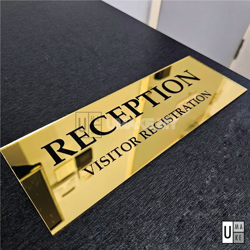 Mirror Acrylic Office Door Sign with custom text in gold finish