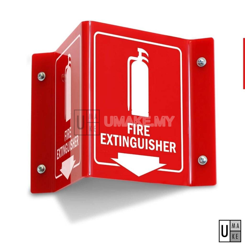 3D V-shape fire extinguisher sign installed on building wall — safety signage by UMAKE Malaysia