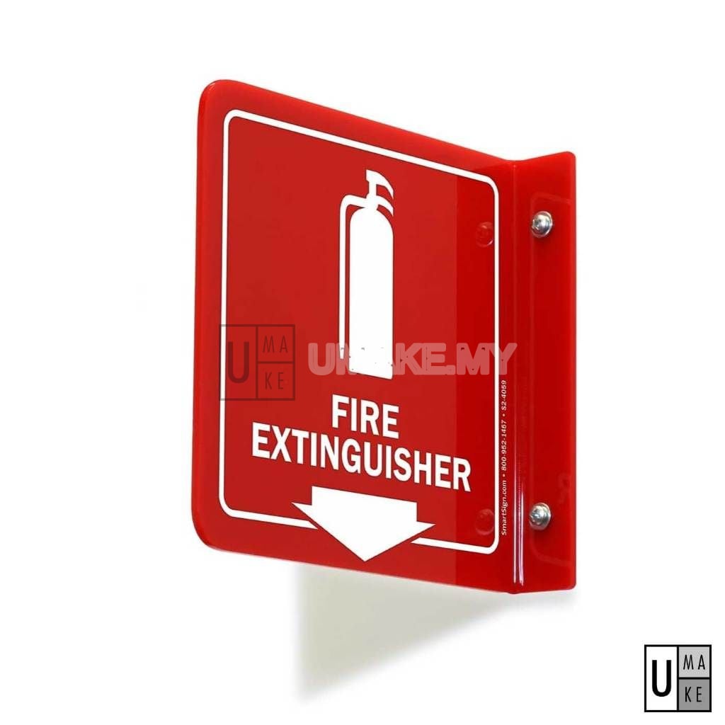 Close-up of a projecting fire extinguisher sign showing the red and white double-sided faces