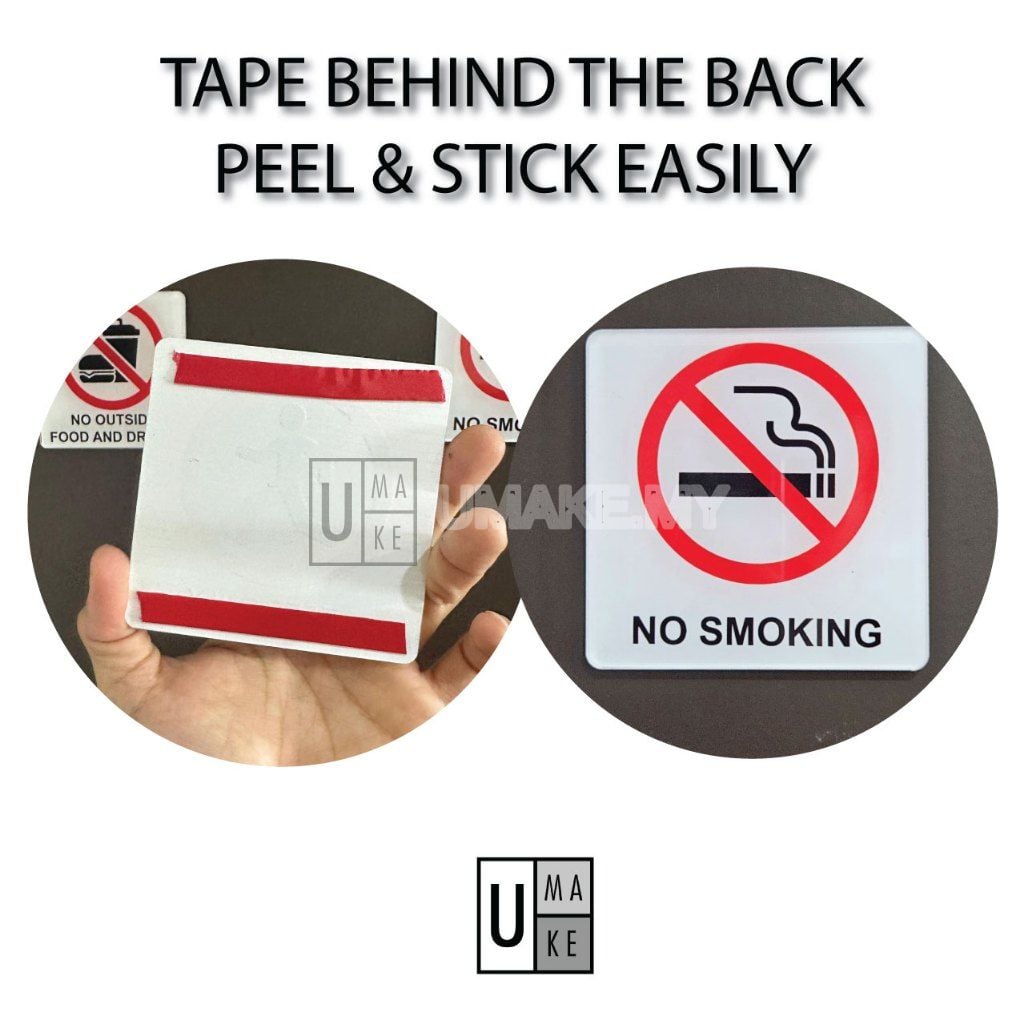 Range of acrylic Dilarang prohibition designs including No Entry, No Smoking, Staff Only and No Outside Food