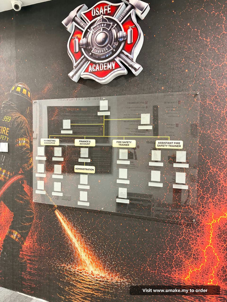 Custom Acrylic Organisation Chart Signage by UMAKE Malaysia A custom acrylic organisation chart for OSAFE Fire Safety Academy, mounted on a wall with a fire-themed graphic. The chart features clear acrylic with