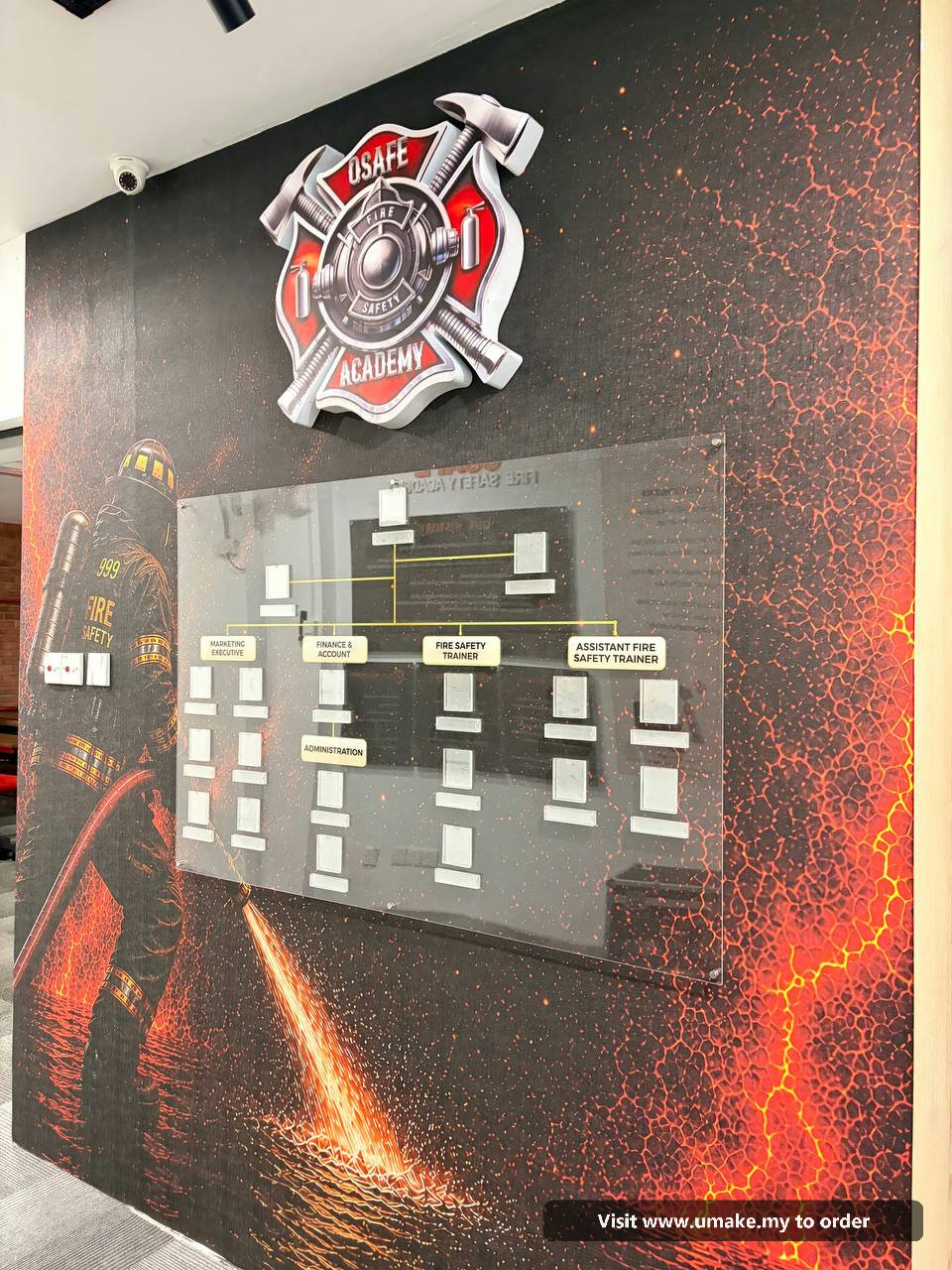 Custom Acrylic Organisation Chart Signage by UMAKE Malaysia (2) A custom acrylic organisation chart for OSAFE Fire Safety Academy, mounted on a wall with a fire-themed graphic. The chart features clear acrylic with