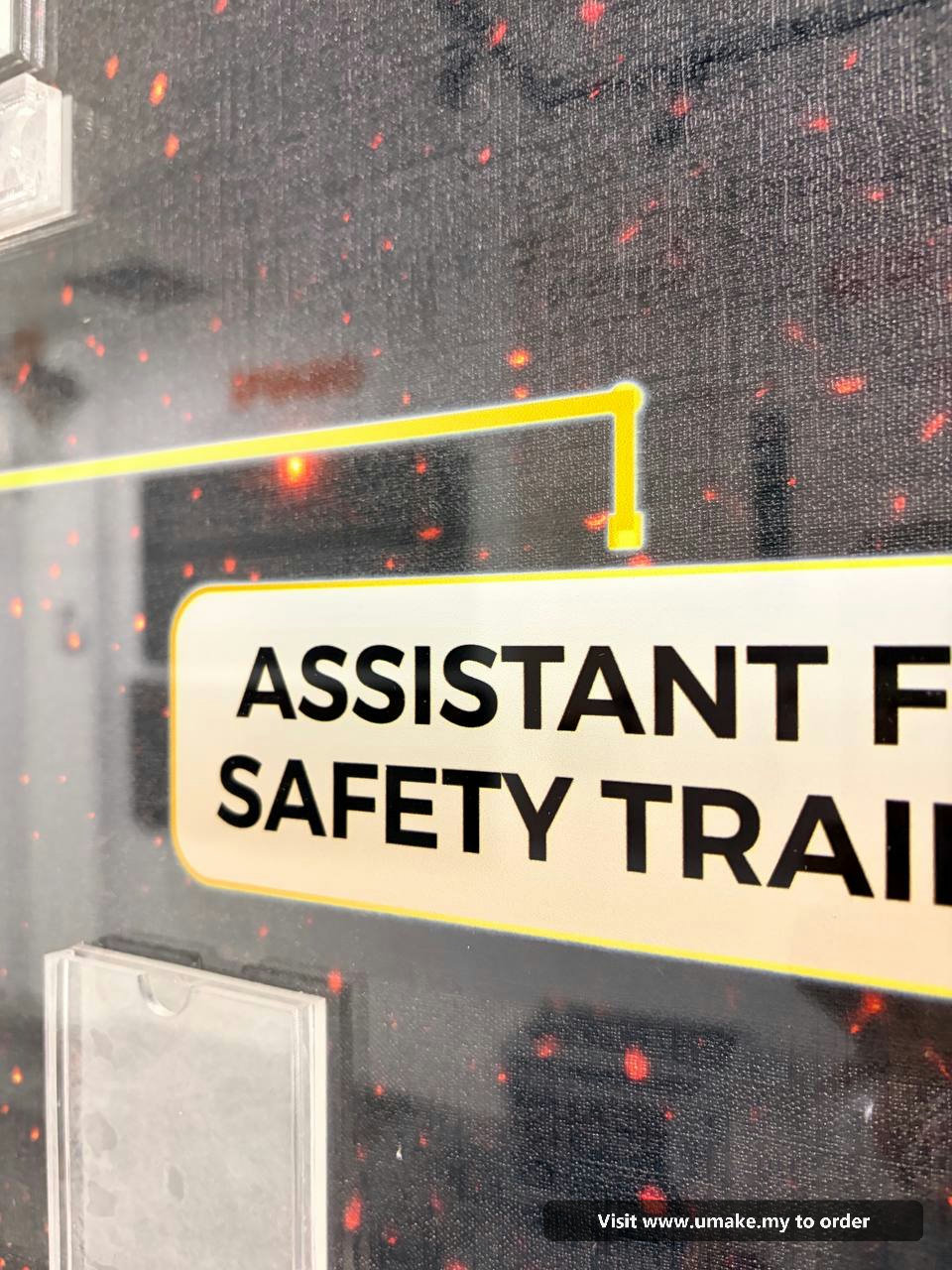 Custom Acrylic Organisation Chart Signage by UMAKE Malaysia (3) A custom acrylic organisation chart for OSAFE Fire Safety Academy, mounted on a wall with a fire-themed graphic. The chart features clear acrylic with
