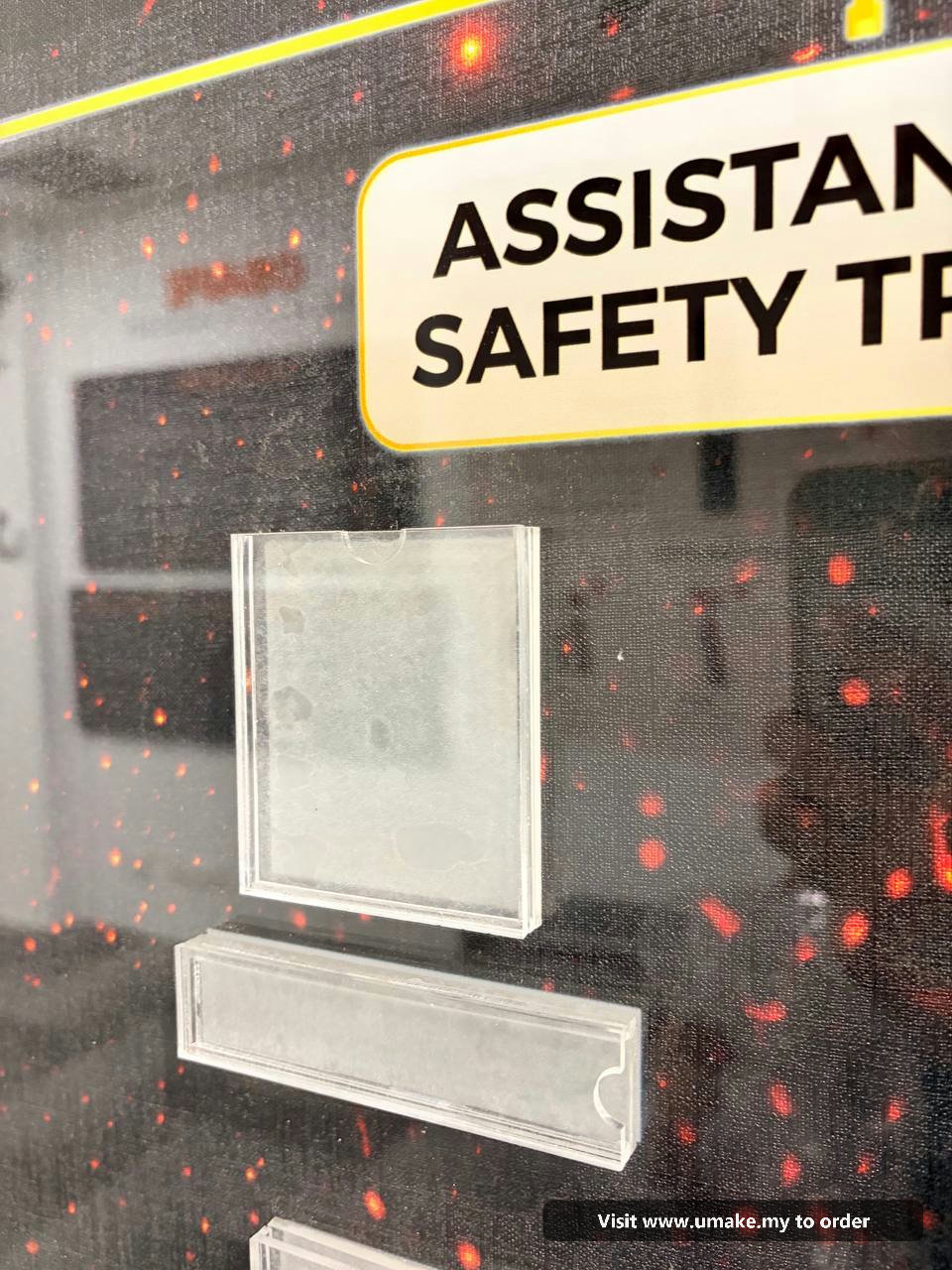 Custom Acrylic Organisation Chart Signage by UMAKE Malaysia (4) A custom acrylic organisation chart for OSAFE Fire Safety Academy, mounted on a wall with a fire-themed graphic. The chart features clear acrylic with