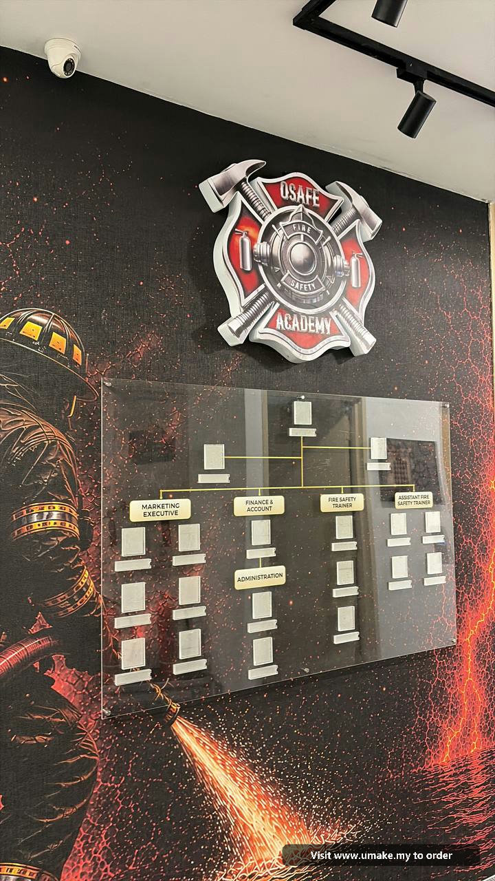 Custom Acrylic Organisation Chart Signage by UMAKE Malaysia (5) A custom acrylic organisation chart for OSAFE Fire Safety Academy, mounted on a wall with a fire-themed graphic. The chart features clear acrylic with