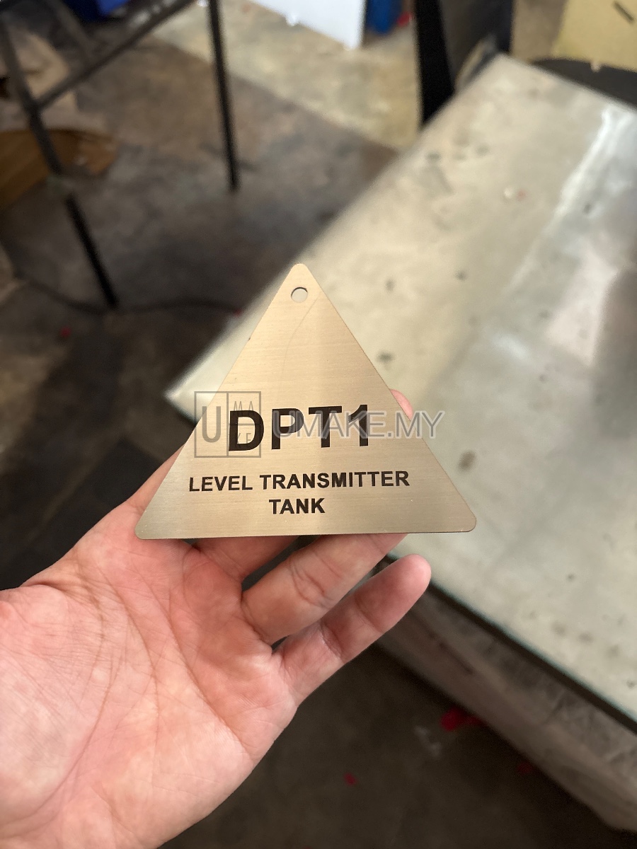 Precision triangle-cut stainless steel engraved nametag with clean edges, made in Malaysia using laser cutting and CNC technology.