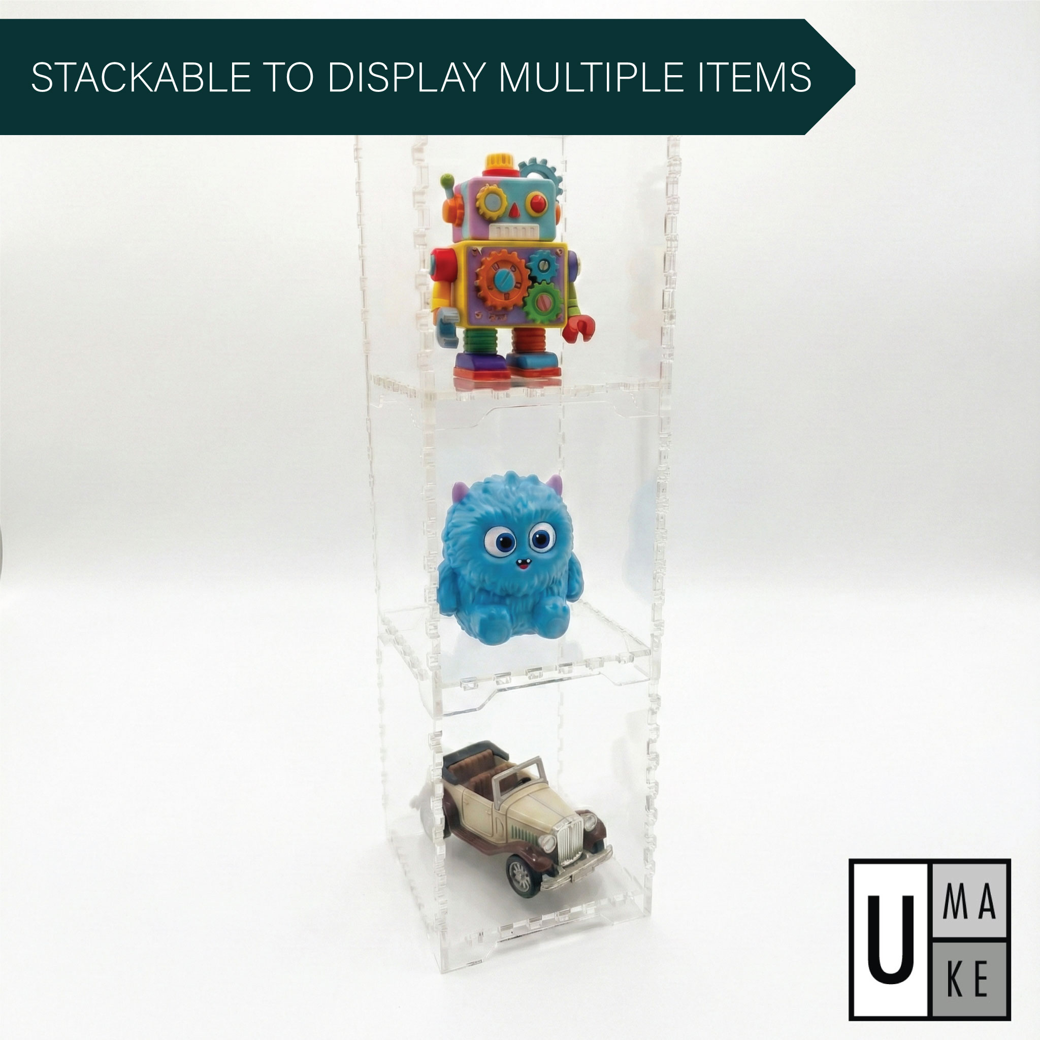 Stackable acrylic display cases with figurines and collectibles inside — dustproof by UMAKE Malaysia