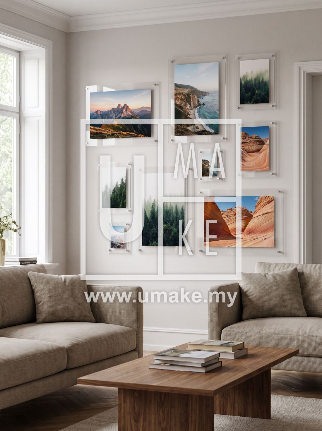 Floating acrylic photo frames mounted on a wall