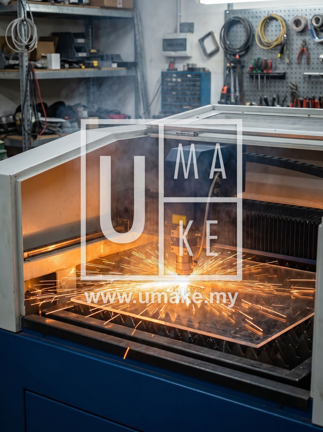 Laser cutter cutting an acrylic sheet with sparks and glow