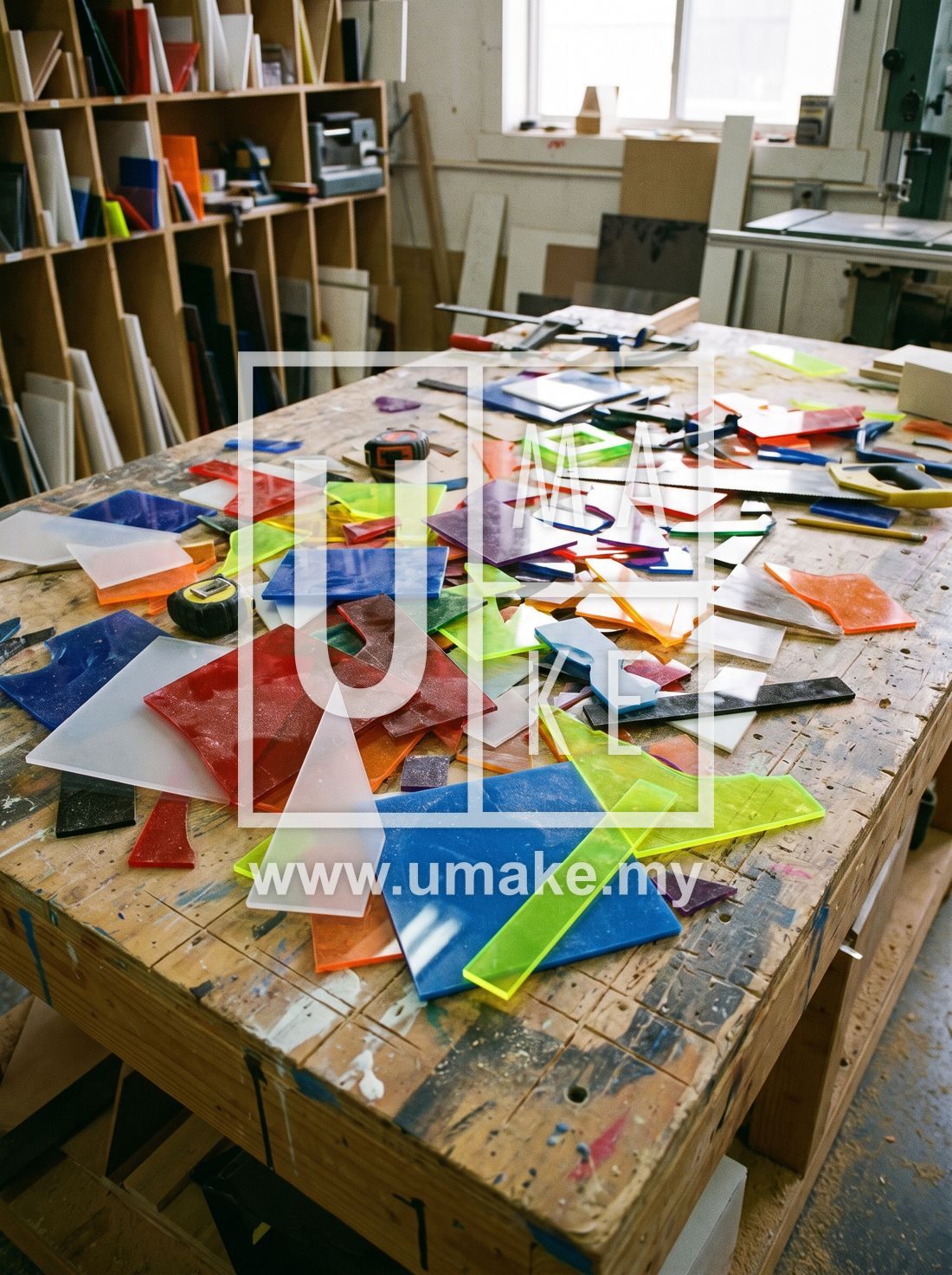 Colourful acrylic offcuts scattered on a workbench
