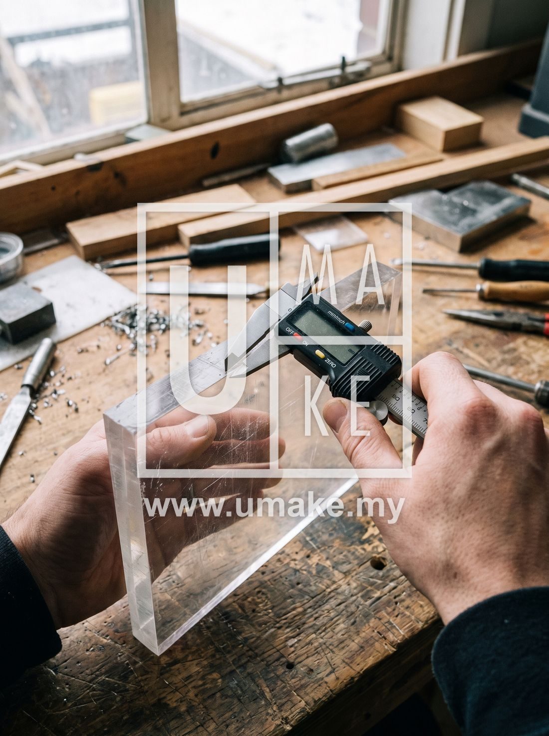 Maker measuring the thickness of a clear acrylic sheet with a caliper