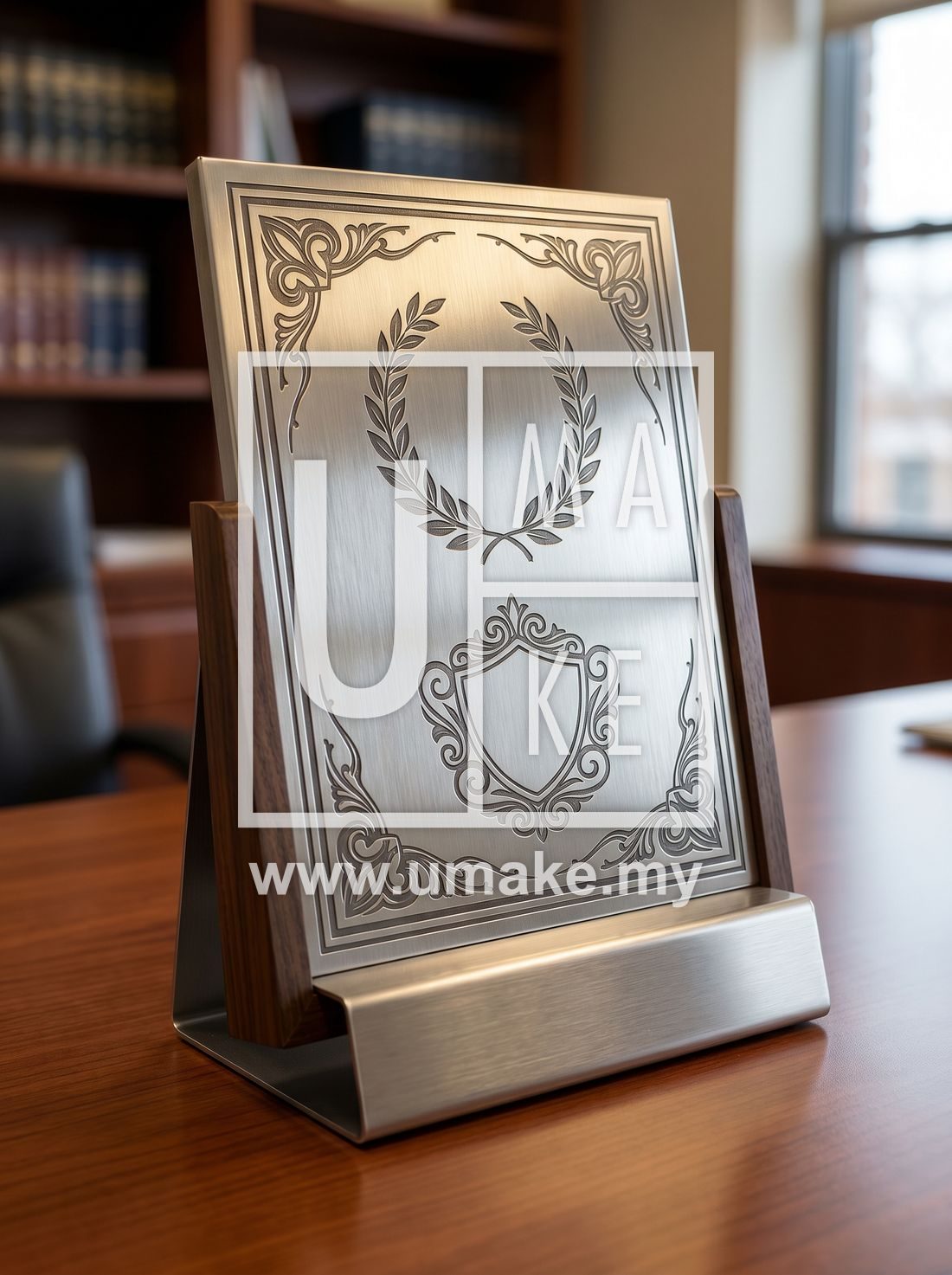 A premium engraved stainless steel plaque award on a display stand