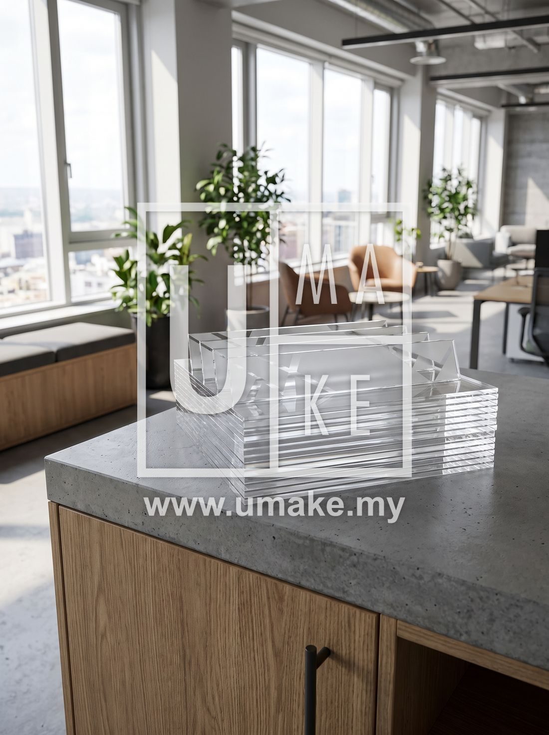 A stack of custom acrylic desk name plates in a modern office setting
