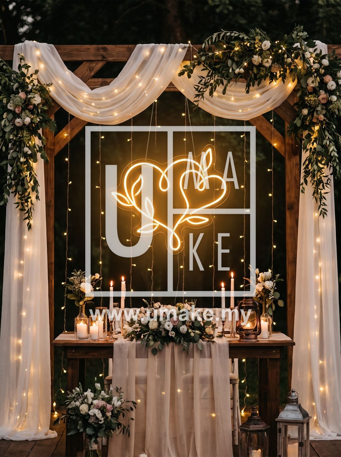 A romantic wedding reception backdrop with a warm glowing neon light sign